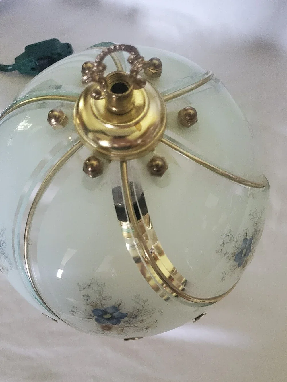 OK Lighting Vtg Glass Swirl 6-Panel Table Lamp Blue Floral Shade Desk Shelf, 11
